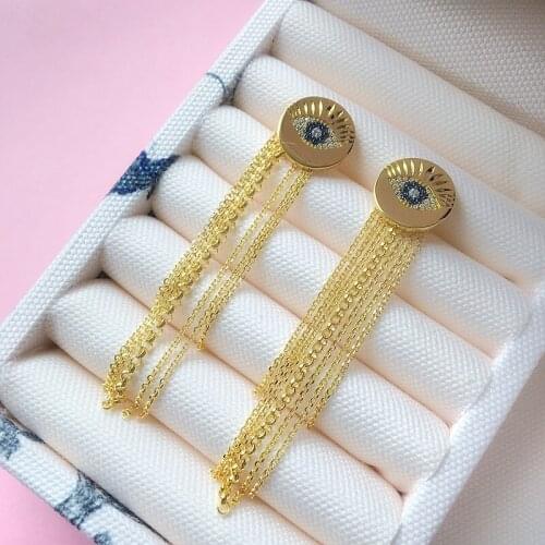 SLJELY 925 Sterling Silver High Quality Lucky Eyes Long Tassel Chain Coin Earrings Inlay Zirconia Stones Women Luxury Jewelry