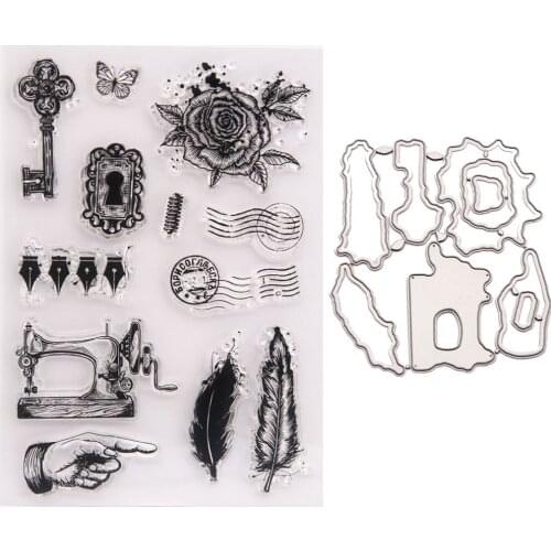 Sewing Machine Feather Flower 2021 New Seal Stamp with Cutting Dies Stencil DIY Scrapbooking Embossing Photo