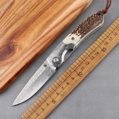 Outdoor camping Damascus steel antler handle tactical survival self-defense hunting multifunctional kitchen fruit folding knife
