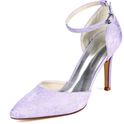 Elegant lace lady pumps pointed toe woman high heels D'orsay bridal wedding party prom sweet dress shoes ankle strap lavender