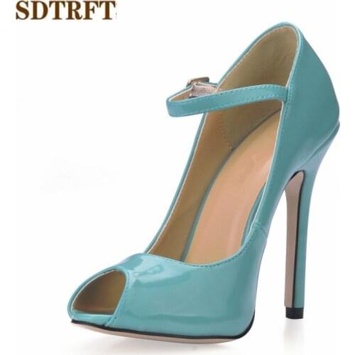SDTRFT stilettos Summer zapatos fashion 12cm Thin high heels Patent Leather wedding shoes woman sexy Peep Toe Buckle dress pumps