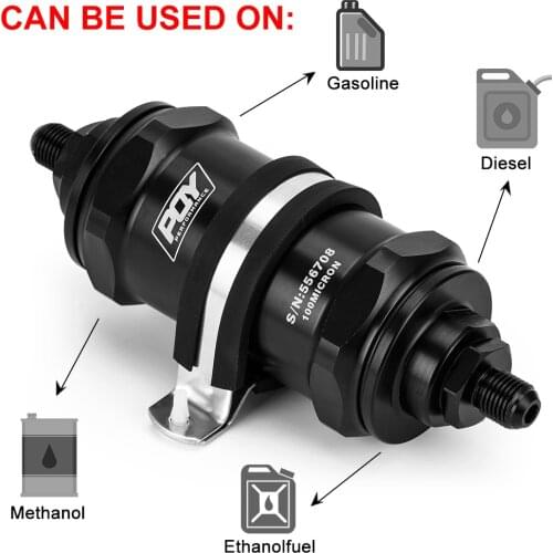 PQY BLACK AN6 / AN8 / AN10 Inline Fuel Filter E85 Ethanol With 100 Micron Stainless steel element and PQY sticker Red Blue Black