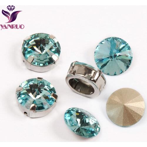 YANRUO 1122 All Sizes Aquamarine Rivoli DIY Glass Stones Strass Crystal Point Back Sew On Rhinestones For Needlework