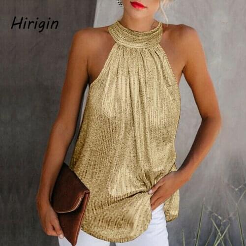Ladies Halter neck Sexy luxury glitter T Shirt Summer Casual Loose Top Sexy Women Sling Sequined Zipper t shirts Formal Clothes