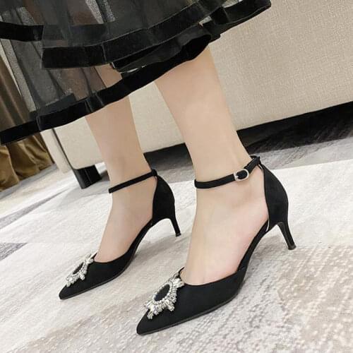 Suede Stiletto Summer New Fashion Rhinestone Pointed Toe Ankle Strap Ladies Shoes and Sandals