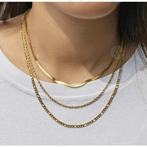 Womens Layered Stack Necklace Gold Color Stainless Steel Herringbone Rope Figaro Chain Necklace Layer Chokers 3pcs/Set LDNF01