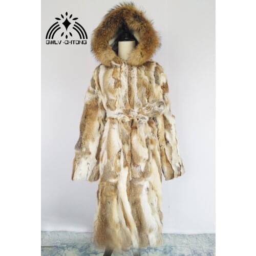 Genuine natural real rabbit fur coat with raccoon fur hood women fashion long jacket ladies outwear custom any size