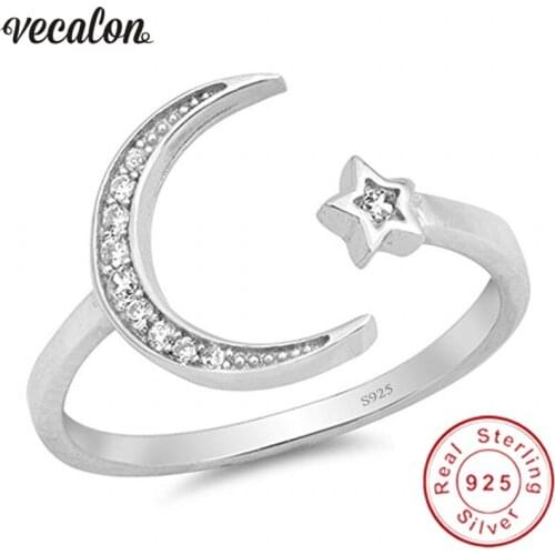 Vecalon Star Moon shape 100% Soild 925 Sterling Silver ring 5A Zircon Cz Engagement wedding Band rings for women men Jewelry