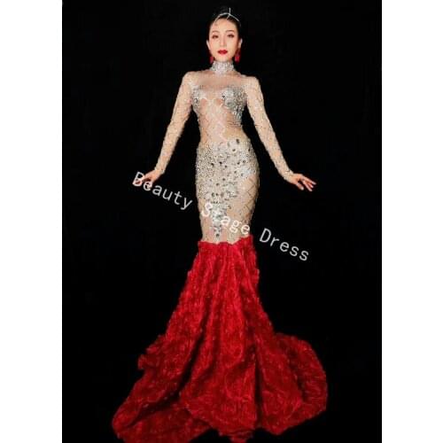 Silver Crystals Dress Red Flower Long Train Women Evening Costume Prom Celebrate Big Tail Dresses Women Party Wear Dress