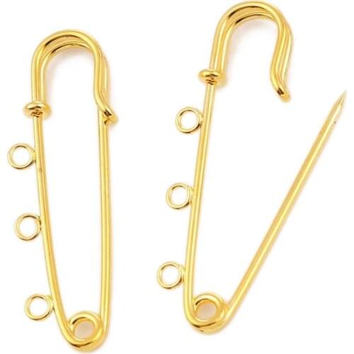DoreenBeads Fashion Iron Based Alloy Safety Pin Brooches Connectors Findings Gold Silver Color 3 Loops DIY 50mm x 16mm, 2 PCs