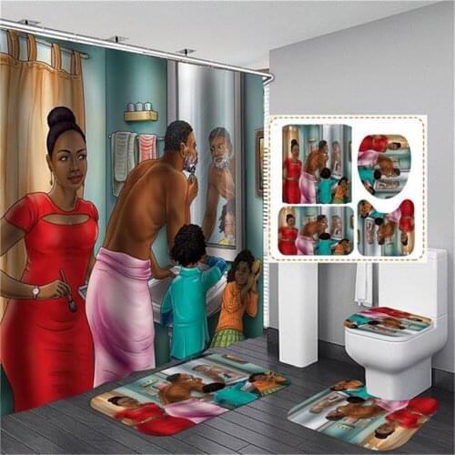 American Happy Family Print Shower Curtain Polyester Waterproof Bathroom Curtains Soft Bath Rug Carpet Anti-Slip Mat Set