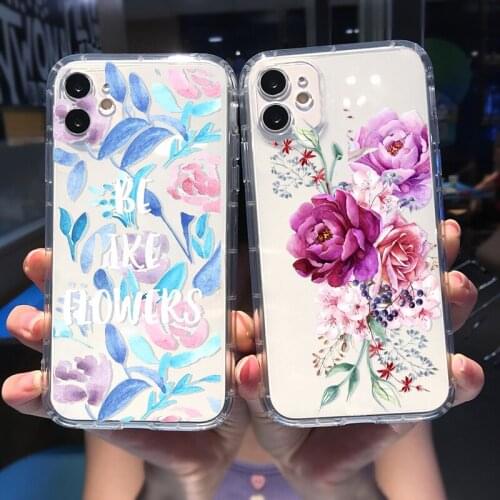 Colorful Flower Leaf Phone Case For iPhone 7 XR 12 11 Pro XS MAX X SE20 8 6Plus Pink Rose Shockproof Clear Soft TPU Cover Fundas