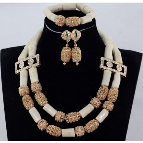 Elegant White 2 Layers Corate l &Dubai Gold Beads African Bead Jewelry Set Nigerian Wedding Party LC007