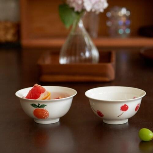 Ceramic Dinnerware Rice Bowls Large Size 6inch Cherry Orange Printed Under Glazed Ramen Bowl Cute Kawaii Kitchen Fruit Container