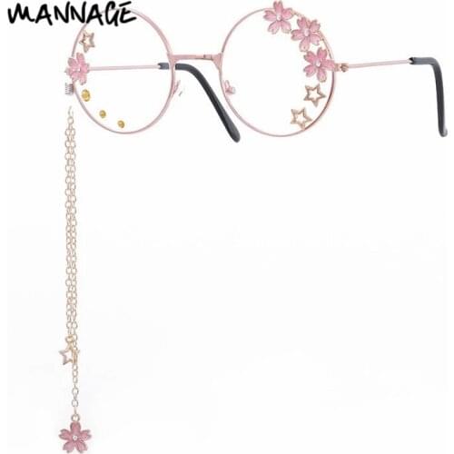 Luxury Eyeglasses Alloy Frame Women Cute Chain Flower Decoration Round Frame Bling Rhinestone Glasses