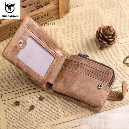 Top Genuine Cowhide Leather Short Wallet for Men Retro Business Zipper Hasp Coin Pocket Purse Male RFID Card Holder Cartera