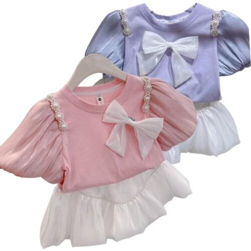 Summer girls clothing Fashionable sleeveless lace patchwork white shirt + grey beaded pompadour skirt 2 pcs set for 3-10 years