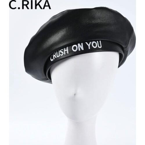 Autumn Winter Women Letter CRUSH ON YOU Pu Leather Beret Hat Girls Vintage Outdoor Travel Beret Female French Hat Leather Beret