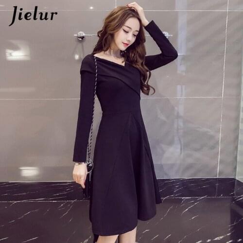 Jielur Solid Color Basic Dresses Off Shoulder S-XXL Red Black Autumn Long Sleeve Dress Red Black Chic Sexy Ropa Mujer
