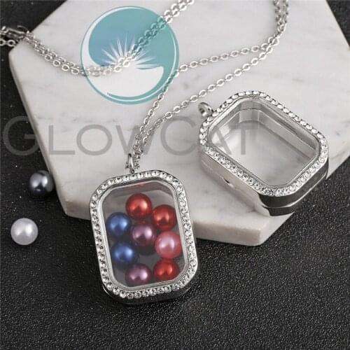 Rectangle Glass Locket Necklace Beads Pearl Memory Photo Rhinestone Locket Pendant Necklace