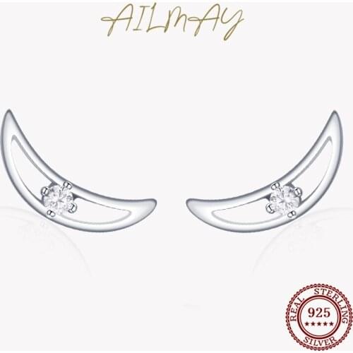 Ailmay Simple Moon Clear Zircon Stud Earrings For Women Classic Minimalist 925 Sterling Silver Fine Fashion Jewelry