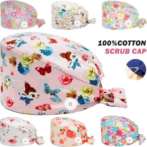 Nurse Surgicals Cap with Buttons Cotton Working Nursing Hat Sweatband Elastic Bandage Tie Back Scrubs Hats for Women and Men New