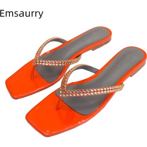 Diamond Rhinestone Flip Flops Square Open Toe Real Leather Flat Heel Slip-on Summer Mules Multicolor Slippers Women