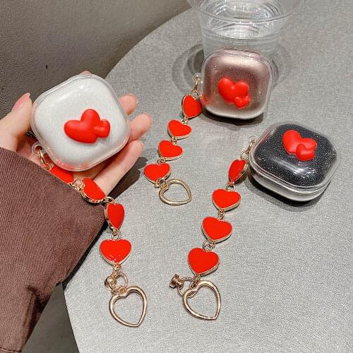 Cute Hearts Earphone Case with Love Keyring For Samsung Galaxy Buds Pro / Buds Live Cover Glitter Bling Transparent Soft Cases