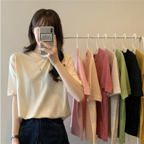 Top Womens Spring and Summer New Korean Style Loose Solid Color Slim-fit Shirt Short-sleeved Knitted T-shirt
