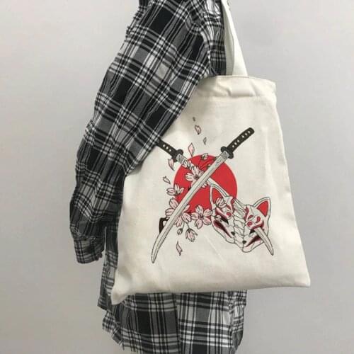 Japanese dark Fox Cartoon Canvas Bag Hip Hop New Harajuku Casual Shopper Bag Vintage Large Capacity Ulzzang Women Shoulder Bag