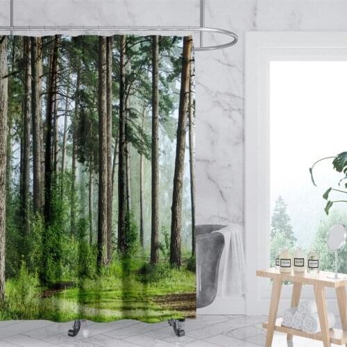 Forest Tree Art Printed Bathroom Partition Decoration Shower Curtain Waterproof Polyester Blackout Curtain with Hooks 180x180cm