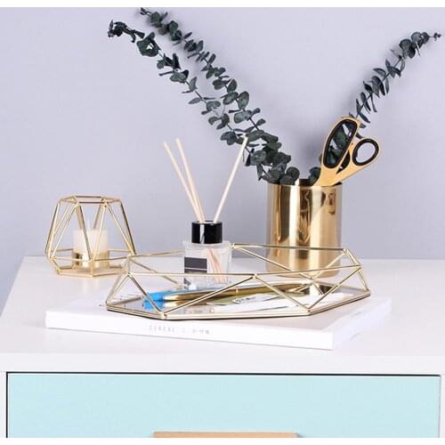 Bathroom Sexangle Mirror Metal Gold Cosmetic Jewelry Storage Organizer Tray Box Plate