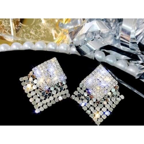 Luxury Shiny Crystal Square Earrings for Women Wedding Party Statement Earrings Fringed Korean Stud Earrings Jewelry 2020 New