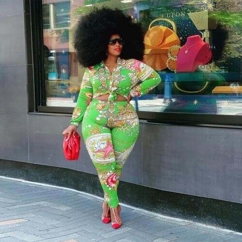 Plus Size Two Piece Matching Set Womens Office Lady Long Sleeve Blouse Tops + Pencil Pants Sexy Vintage Boho Print Tracksuit