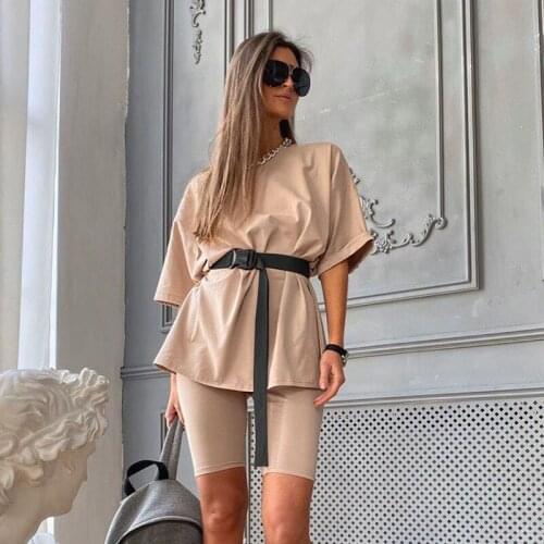 Casual solid new womens two piece suit including belt solid color home loose sports fashion leisure suit summer 2020 tracksuits