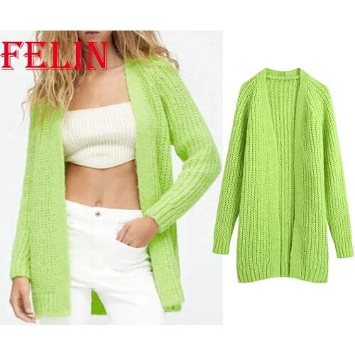 Za 2021 Chic Oversized Women Knit Cardigan Fashion Autumn Fluorescent Green Vintage Sweater Ribbed All-match Long Outwear Mujer