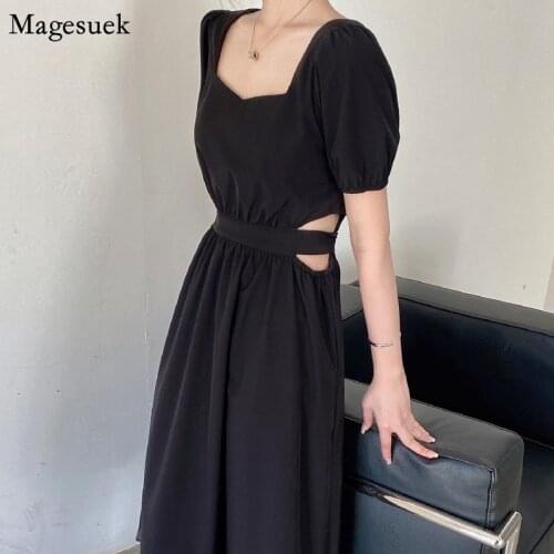 Slim Black Dress Summer French 2021 Hepburn Style Hollow Bandage Midi Dress Women Square Collar M-4XL Loose Dresses Robes 15694