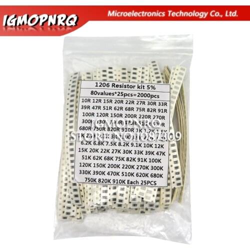 2000PCS 10 ohm-910K ohm 1206 SMD Resistor Kit Assorted set 5% 80values*25PCS SMD Resistors 10K 470/100/680 ohm resistance pack