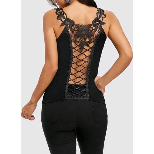 2018 Women Summer Tank Tops Tees Lace Trim Lattice Back Sexy Women Fashion Female Hollow Out Camisole Cutwork Elegant Slim Camis