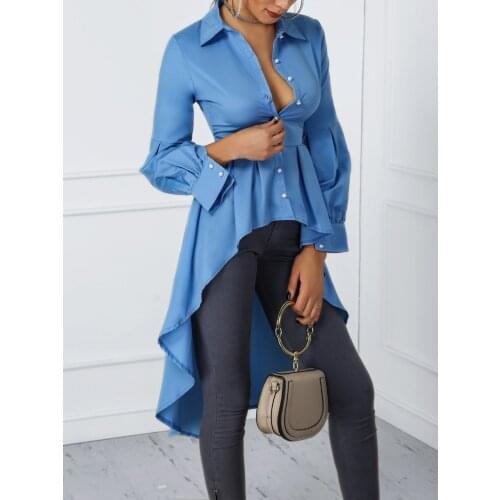 2021 Womens Fashion Shirt Elegant Workwear Casual Shirt Lantern Sleeve Design Dip Hem Top Short Front Back Long Cardigan Shirt