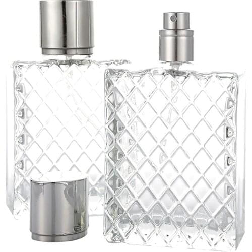 50pcs 100ml Square Grids Portable Clear Travel Refillable Perfume Glass Empty Bottle for Cosmetic Container