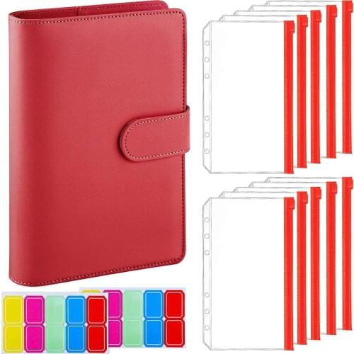 A6 PU Leather Budget Binder Notebook Cover,with 10Pcs Binder Pockets/2Pcs Label Stickers for Cash Envelopes, Bill Management