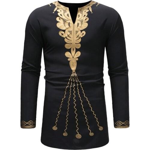 African Dashiki Print Longline T Shirt Men Nice Fashion V Neck Long Sleeve T-shirt Men Hiphop Streetwear African Tee Shirt Homme