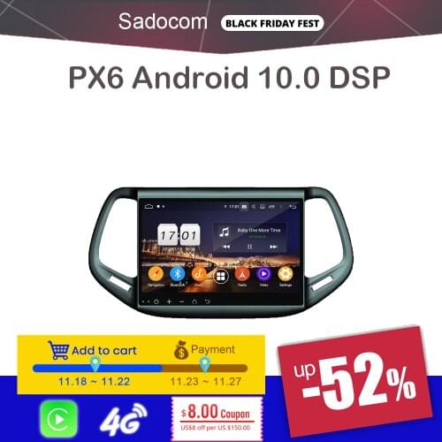 PX6 10.1" DSP TDA7851 Android 9.0 4GB+64GB+8 core Car DVD Player GPS Glonass autoradio Bluetooth 5.0 For Jeep Compass 2016 2017