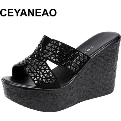 CEYANEAOSummer 2021 New 11cm High Heel Sandals Women Wedges Heel Platform Fish Mouth Peep Toe Fashion Footwear Black