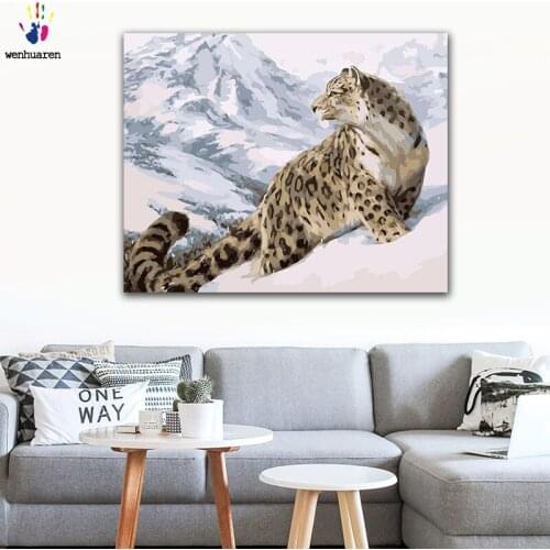 DIY colorings pictures by numbers with colors Leopard on snowy mountain picture drawing painting by numbers framed Home