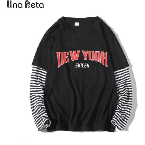 Una Reta T-Shirt Mens Spring Harajuku Men Clothing Hip-Hop Stripe Splicing Tee Top Fake Two Pieces Long Sleeve Mans T-shirt
