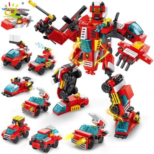 HUIQIBAO 356pcs Fire Fighting 8in1 Mecha Trucks Car Boat Building Blocks City Firefighter Robot Figures Bricks Children Toys