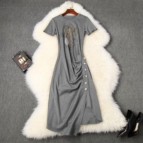 And American womens European clothing 2021 summer new style Short sleeve mouse hot drill nail button Fashionable slit dresses