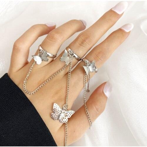 LETAPI Punk Butterfly Hip Hop Rings Multi-layer Adjustable Chain Two Open Finger Rings Alloy Rotate Rings for Women Party Gift